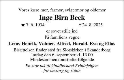 Dødsannoncen for Inge Birn Beck - Skanderborg