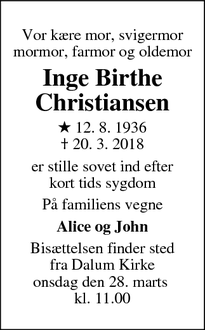 Dødsannoncen for Inge Birthe Christiansen - Odense S