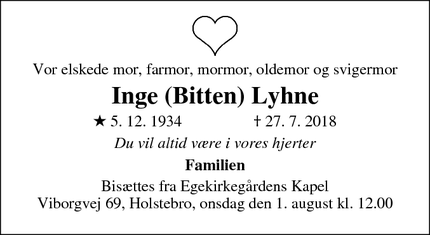 Dødsannoncen for Inge (Bitten) Lyhne - Holstebro