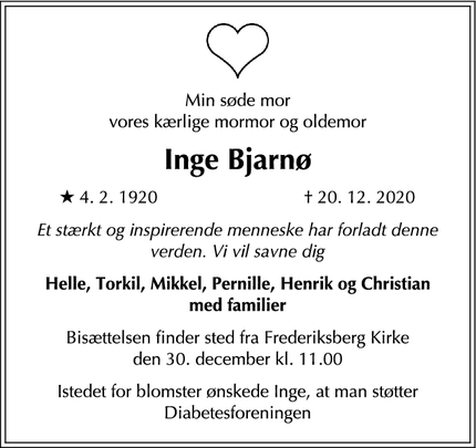 Dødsannoncen for Inge Bjarnø - København