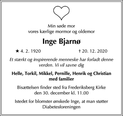 Dødsannoncen for Inge Bjarnø - København