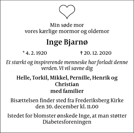 Dødsannoncen for Inge Bjarnø - København