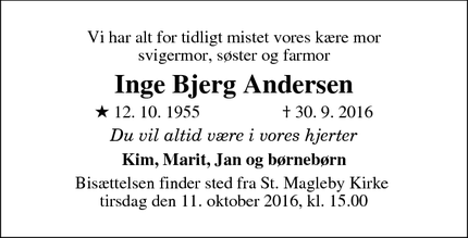 Dødsannoncen for Inge Bjerg Andersen - Dragør