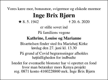Dødsannoncen for Inge Brix Bjørn - Silkeborg