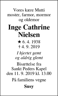 Dødsannoncen for Inge Cathrine
Nielsen - Slagelse