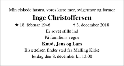 Dødsannoncen for Inge Christoffersen - Brabrand