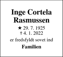 Dødsannoncen for Inge Cortela
Rasmussen - København S