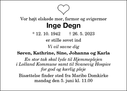 Dødsannoncen for Inge Degn - Maribo