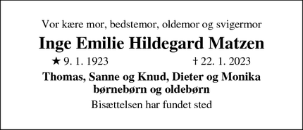 Dødsannoncen for Inge Emilie Hildegard Matzen - Skanderborg