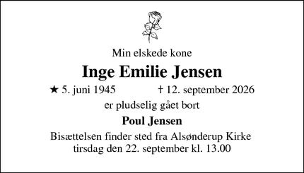 Dødsannoncen for Inge Emilie Jensen - Hillerød