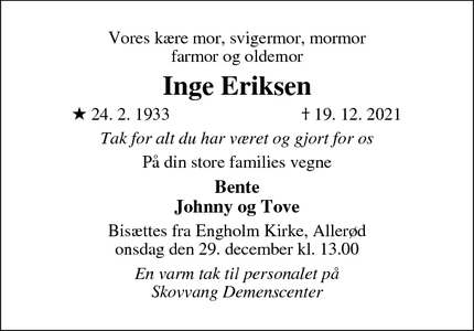 Dødsannoncen for Inge Eriksen - Allerød