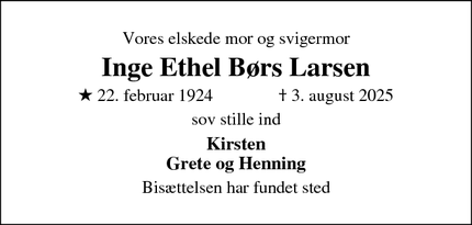 Dødsannoncen for Inge Ethel Børs Larsen - Odense