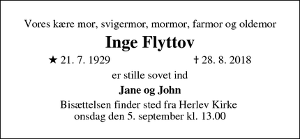Dødsannoncen for Inge Flyttov - Herlev