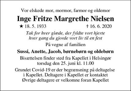 Dødsannoncen for Inge Fritze Margrethe Nielsen - Helsingør
