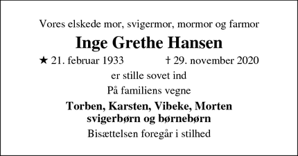 Dødsannoncen for Inge Grethe Hansen - Hillerød