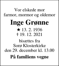 Dødsannoncen for Inge Grønne - Horsens