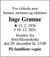 Dødsannoncen for Inge Grønne - Horsens