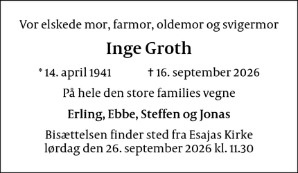 Dødsannoncen for Inge Groth - København
