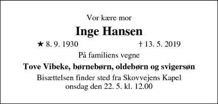 Dødsannoncen for Inge Hansen - Ballerup