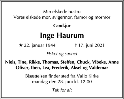 Dødsannoncen for Inge Haurum - København K
