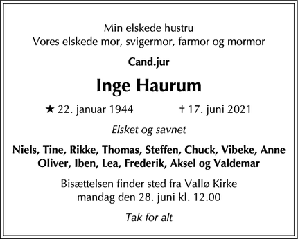 Dødsannoncen for Inge Haurum - København K