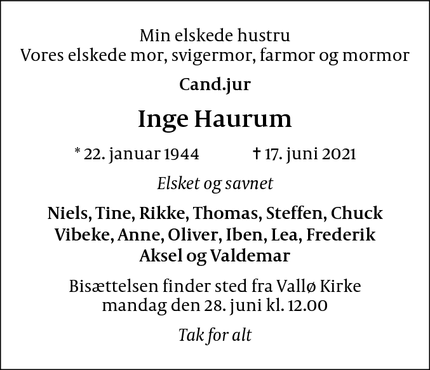 Dødsannoncen for Inge Haurum - København K