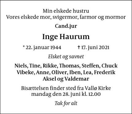 Dødsannoncen for Inge Haurum - København K