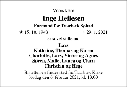 Dødsannoncen for Inge Heilesen - Taarbæk