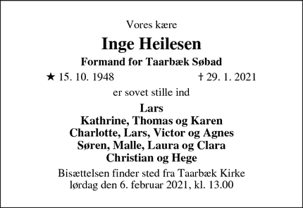 Dødsannoncen for Inge Heilesen - Taarbæk