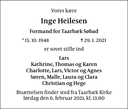 Dødsannoncen for Inge Heilesen - Taarbæk