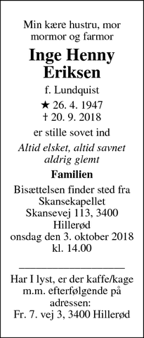 Dødsannoncen for Inge Henny Eriksen - Hillerød