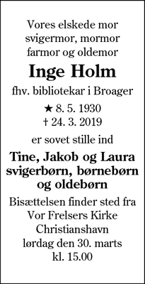 Dødsannoncen for Inge Holm - København