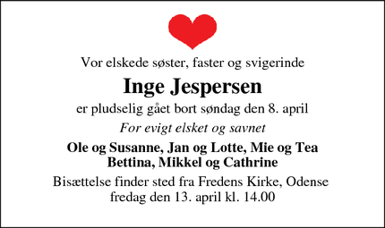 Dødsannoncen for Inge Jespersen - Odense