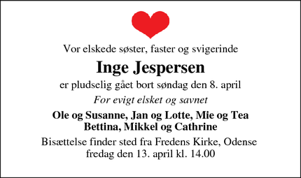 Dødsannoncen for Inge Jespersen - Odense