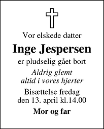 Dødsannoncen for Inge Jespersen - Odense
