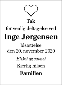 Dødsannoncen for Inge Jørgensen - Vojens