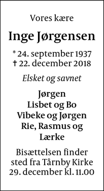Dødsannoncen for Inge Jørgensen - Tårnby