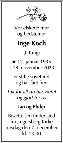 Dødsannoncen for Inge Koch - Charlottenlund