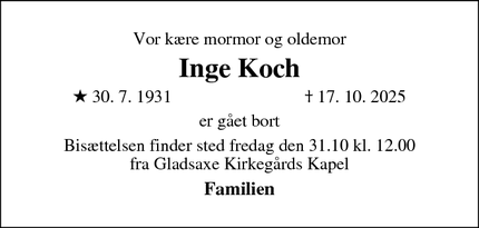 Dødsannoncen for Inge Koch - Gladsaxe