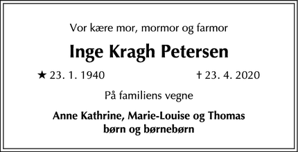 Dødsannoncen for Inge Kragh Petersen - Helsingør