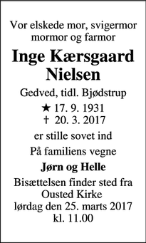 Dødsannoncen for Inge Kærsgaard Nielsen - Gedved