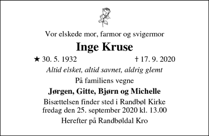 Dødsannoncen for Inge Kruse  - Egtved 
