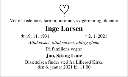 Dødsannoncen for Inge Larsen - Allerød