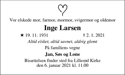 Dødsannoncen for Inge Larsen - Allerød