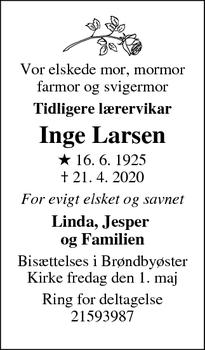 Dødsannoncen for Inge Larsen - Glostrup