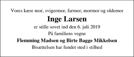 Dødsannoncen for Inge Larsen - odense