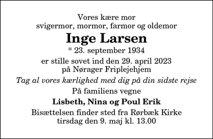 Dødsannoncen for Inge Larsen - Nørager