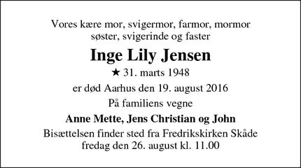 Dødsannoncen for Inge Lily Jensen - Aarhus