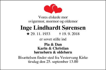 Dødsannoncen for Inge Lindhardt Sørensen - Viborg