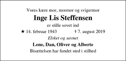 Dødsannoncen for Inge Lis Steffensen - Glostrup